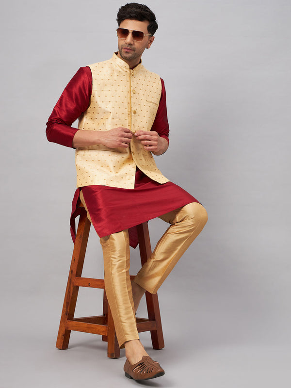 Jashvi Men's Gold Zari Weaved Jacket With Kurta Pant Set