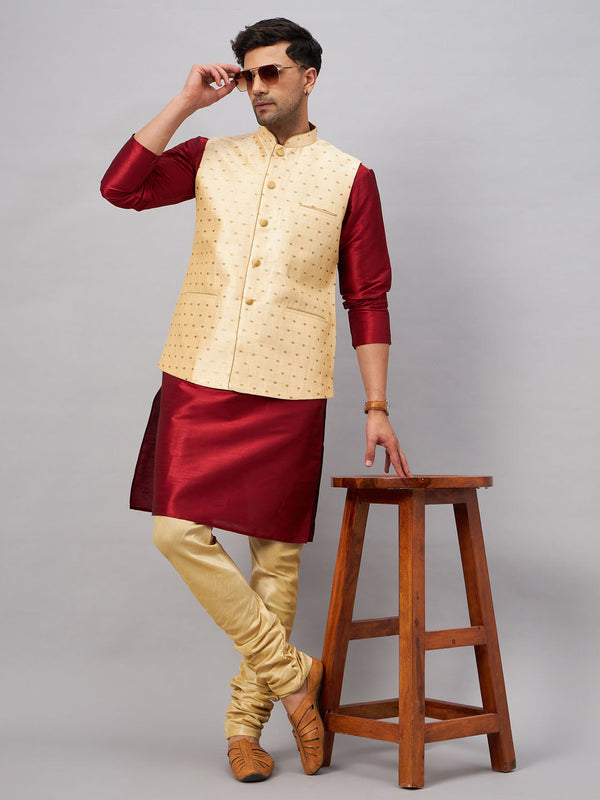 Jashvi Men's Gold Zari Weaved Jacket With Kurta Pyjama Set