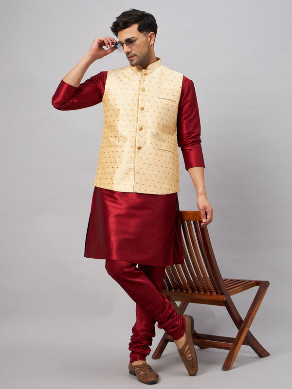 Jashvi Men's Gold Zari Weaved Jacket With Kurta Pyjama Set