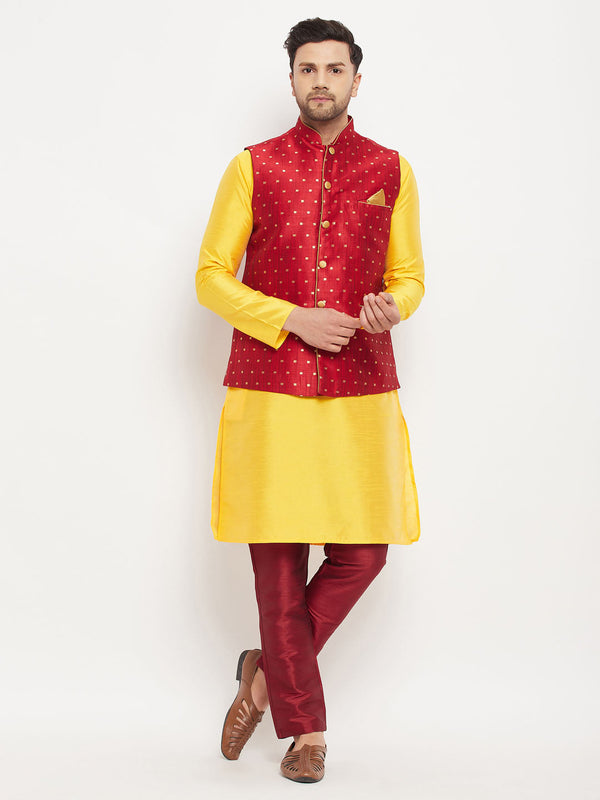 Jashvi Men's Maroon Zari Weaved Jacket With Kurta Pant Set