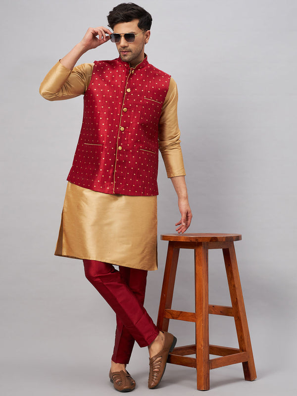 Jashvi Men's Maroon Zari Weaved Jacket With Kurta Pant Set