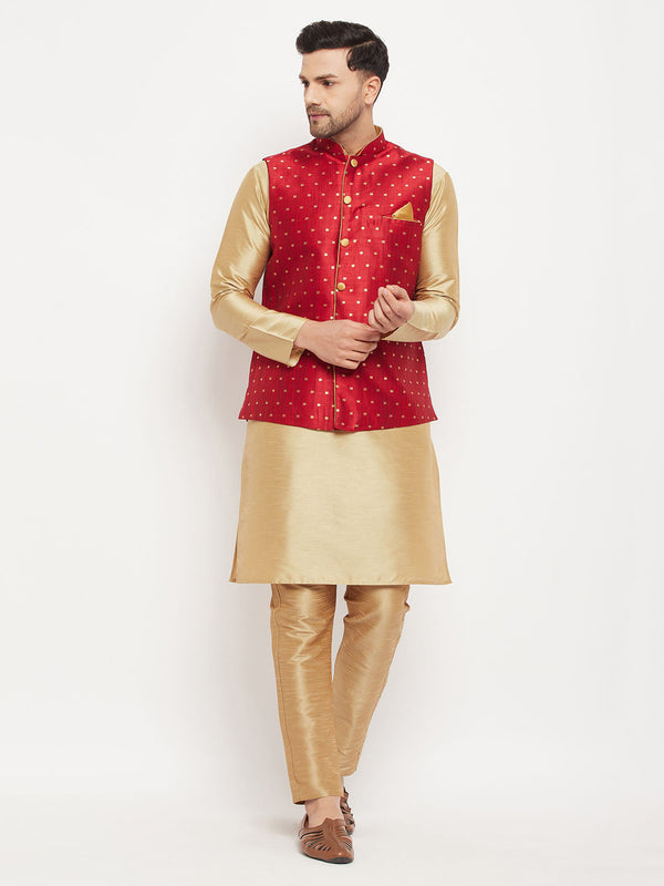 Jashvi Men's Maroon Zari Weaved Jacket With Kurta Pant Set