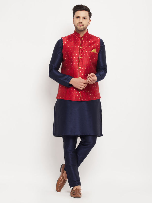 Jashvi Men's Maroon Zari Weaved Jacket With Kurta Pant Set