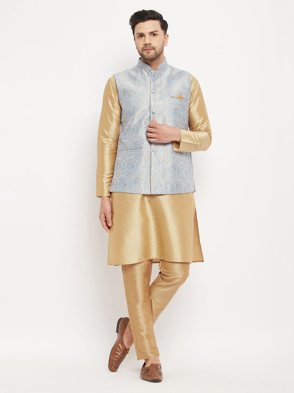 Jashvi Men's Grey Jacquard Jacket With Kurta And Pant Set