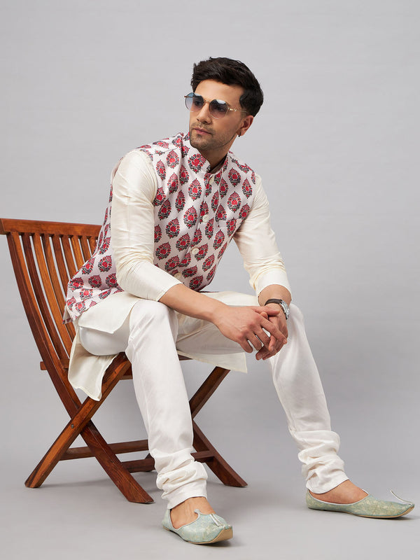 Jashvi Men's Multicolor Printed Ethnic Jacket With Cream Silk Blend Kurta and Pyjama Set