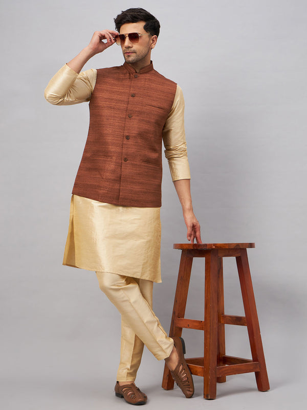 Jashvi Men's Coffee Jacket With Gold Kurta And Pant Set