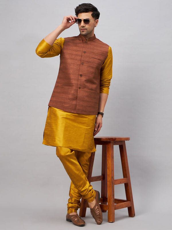 Jashvi Men's Coffee Jacket With Mustard Kurta And Pyjama Set