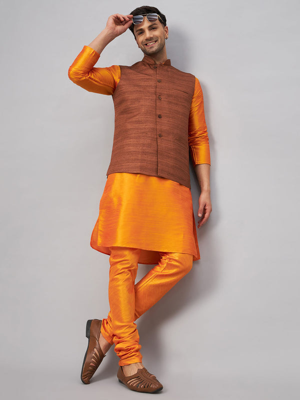 Jashvi Men's Coffee Jacket With Orange Kurta And Pyjama Set