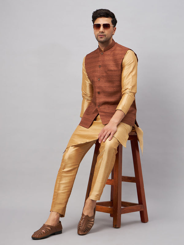 Jashvi Men's Coffee Jacket With Rose Gold Kurta And Pant Set