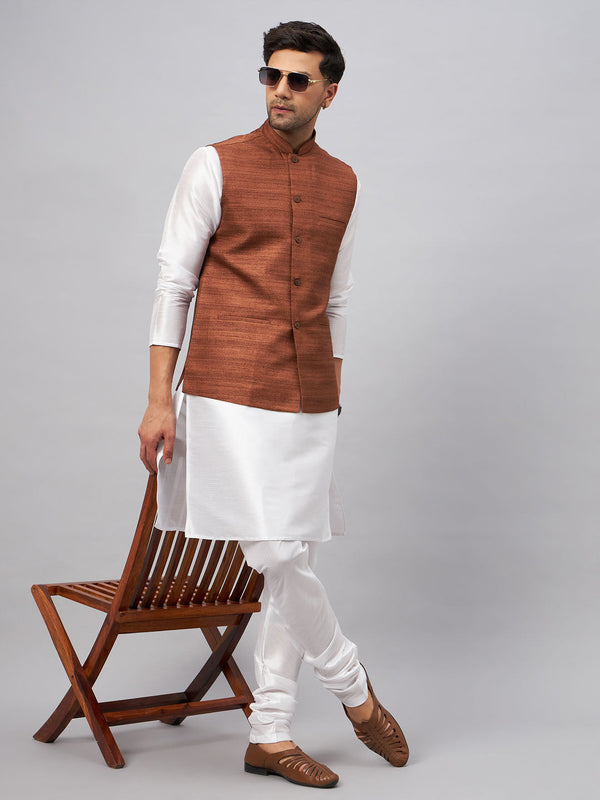 Jashvi Men's Coffee Matka Silk Nehru Jacket With White Silk Blend Kurta Pyjama Set