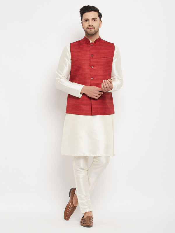 Jashvi Men's Maroon Matka Silk Nehru Jacket With Cream Silk Blend Kurta and Pant style Pyjama Set