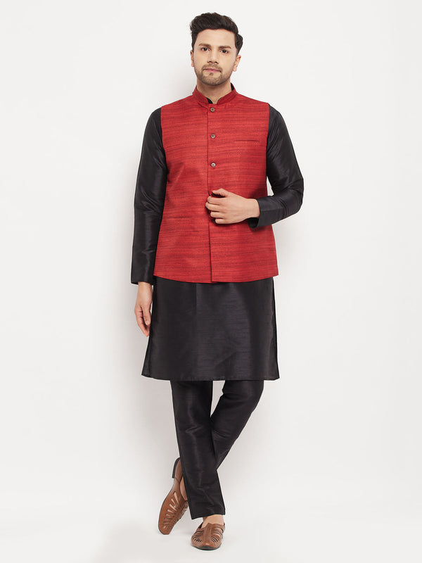 Jashvi Men's Maroon Matka Silk Nehru Jacket With Black Silk Blend Kurta and Pant style Pyjama Set