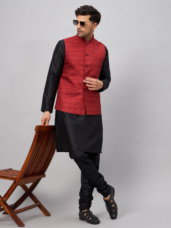 Jashvi Men's Maroon Jacket With Black Solid Silk Blend Kurta and Pyjama Set