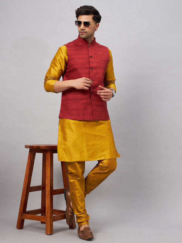 Jashvi Men's Maroon Jacket With Mustard Kurta And Pyjama Set