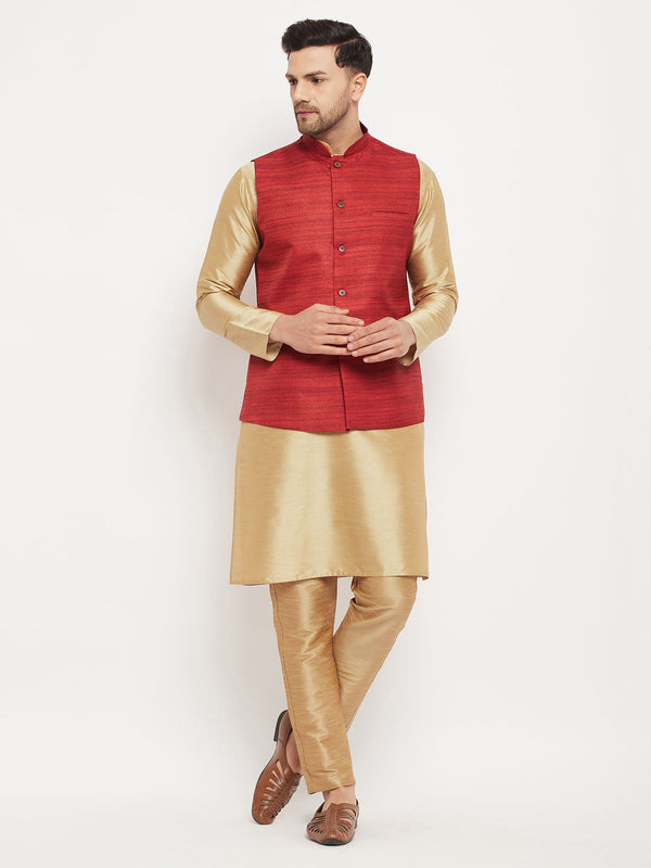 Jashvi Men's Maroon Matka Silk Nehru Jacket With Rose Gold Silk Blend Kurta and Pant style Pyjama Set