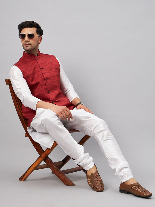 Jashvi Men's Maroon Matka Silk Nehru Jacket With White Silk Blend Kurta Pyjama Set