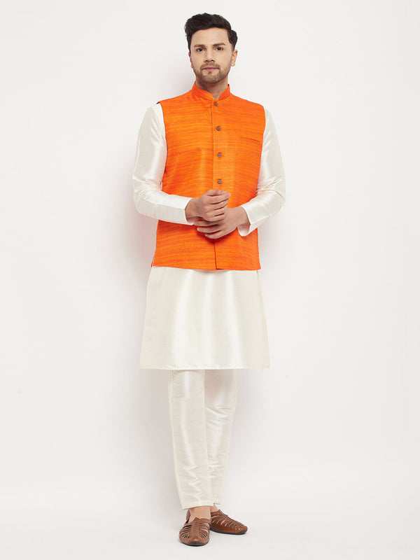 Jashvi Men's Orange Matka Silk Nehru Jacket With Kurta and Pant style Pyjama Set