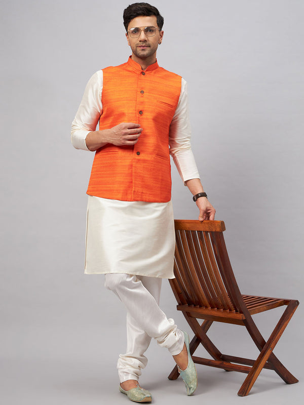 Jashvi Men's Orange Matka Silk Nehru Jacket With Cream Silk Blend Kurta Pyjama Set