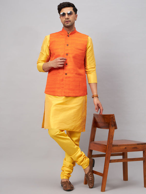 Jashvi Men's Orange Jacket With Yellow Kurta And Pyjama Set