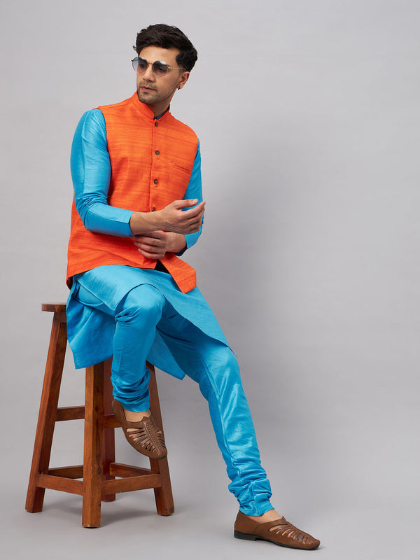 Jashvi Men's Orange Matka Silk Nehru Jacket With Aqua Blue Silk Blend Kurta and Pyjama Set