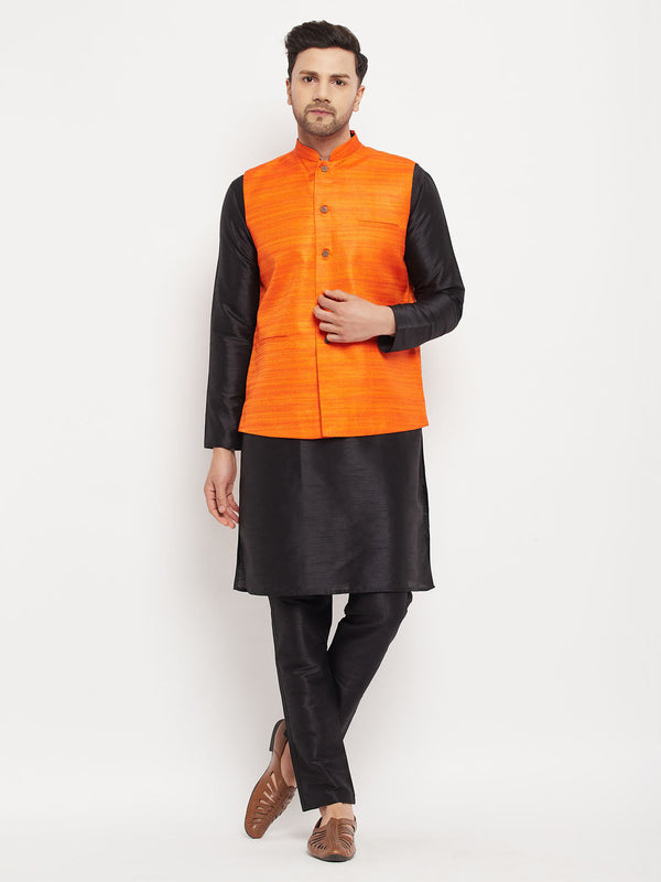 Jashvi Men's Orange Matka Silk Nehru Jacket With Black Silk Blend Kurta and Pant style Pyjama Set