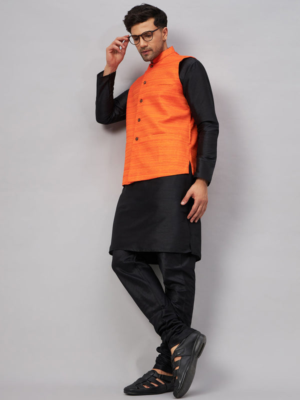 Jashvi Men's Orange Jacket With Black Solid Silk Blend Kurta and Pyjama Set