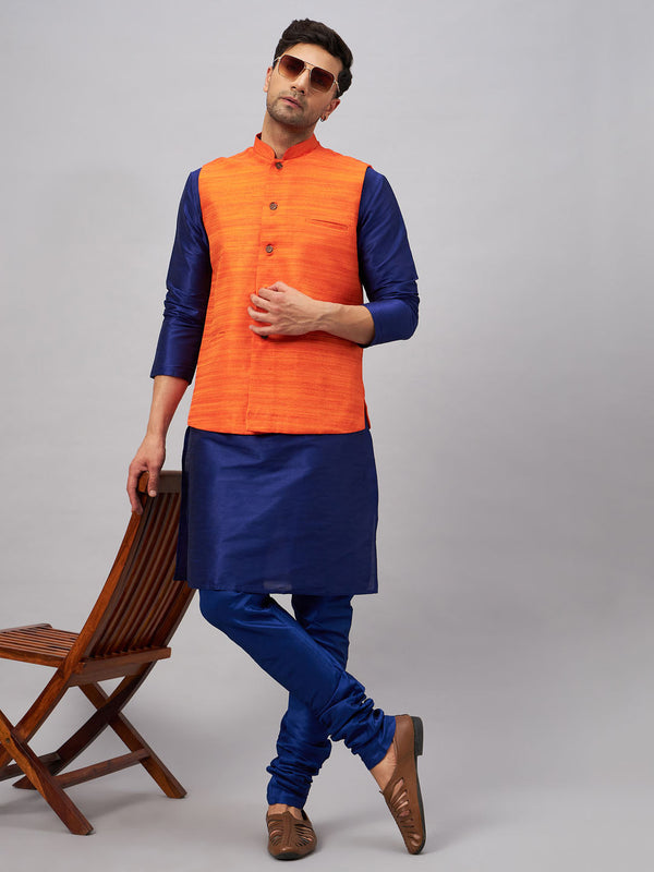 Jashvi Men's Orange Jacket With Blue Solid Silk Blend Kurta and Pyjama Set