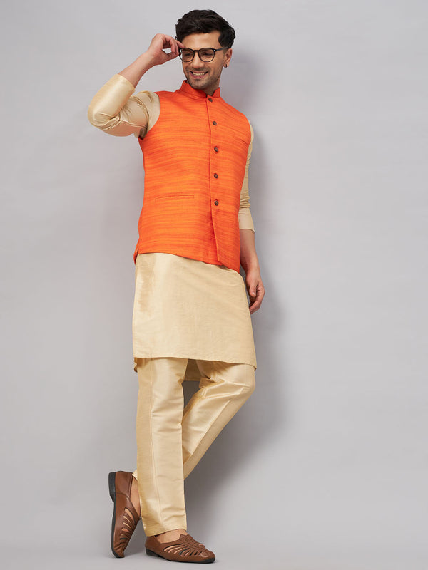 Jashvi Men's Orange Matka Silk Nehru Jacket With Gold Silk Blend Kurta and Pant style Pyjama Set