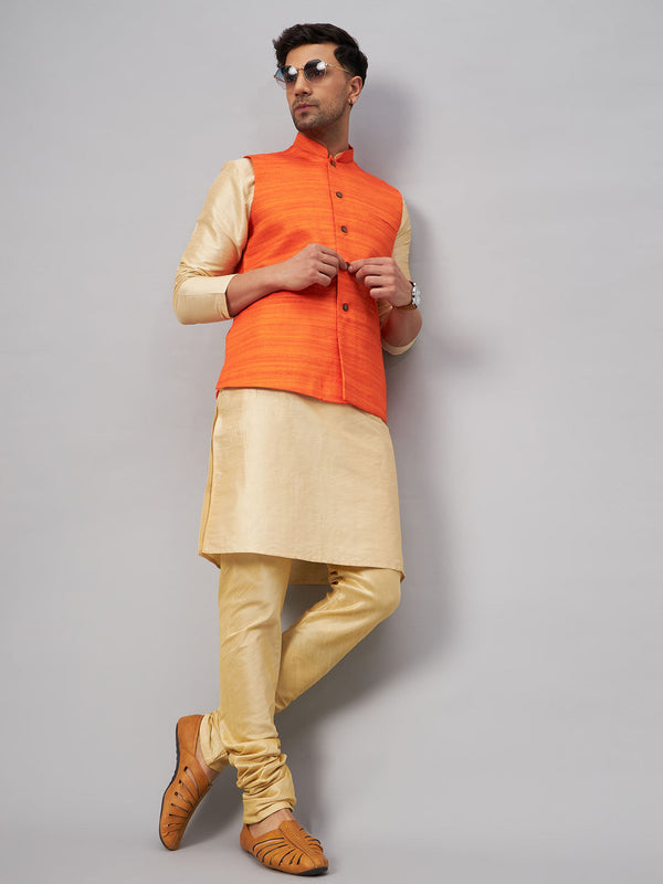 Jashvi Men's Orange Jacket With Gold Kurta And Pyjama Set