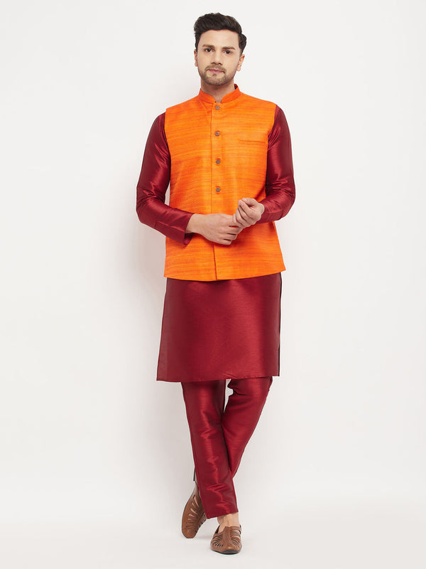 Jashvi Men's Orange Matka Silk Nehru Jacket With Maroon Silk Blend Kurta and Pant style Pyjama Set