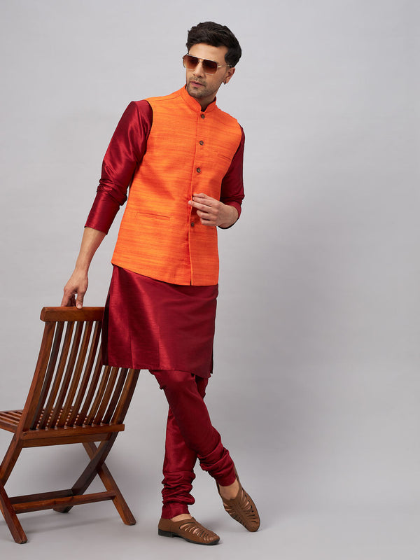 Jashvi Men's Orange Matka Silk Nehru Jacket With Maroon Silk Blend Kurta Pyjama Set