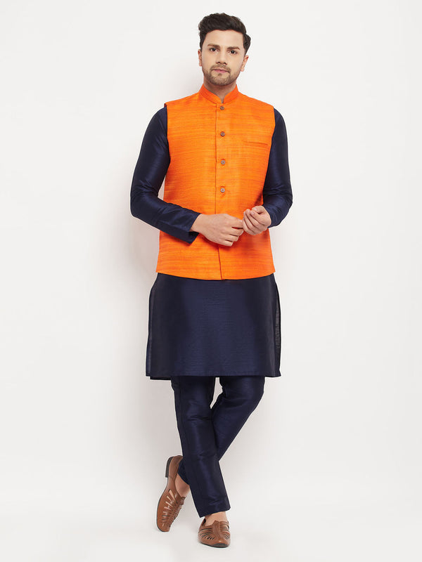 Jashvi Men's Orange Matka Silk Nehru Jacket With Navy Blue Silk Blend Kurta and Pant style Pyjama Set