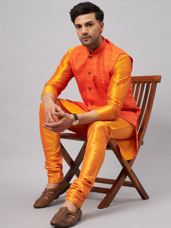 Jashvi Men's Orange Jacket With Kurta And Pyjama Set