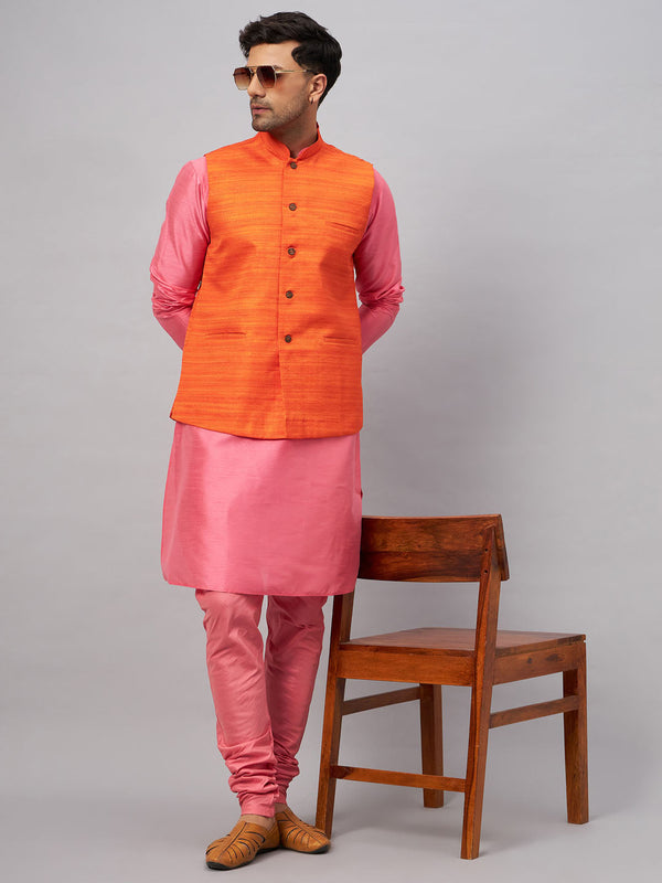 Jashvi Men's Orange Jacket With Pink Kurta And Pyjama Set