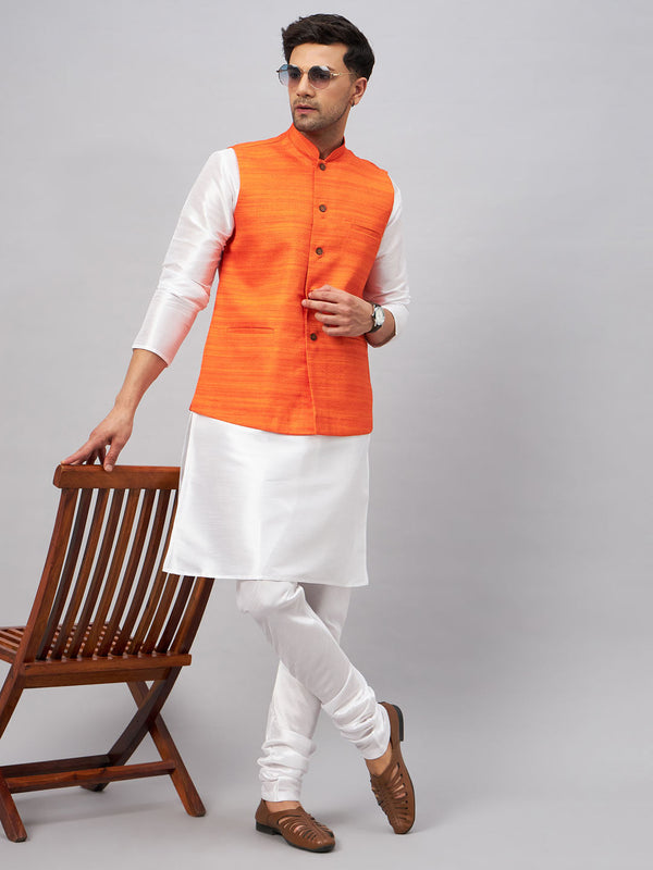 Jashvi Men's Orange Matka Silk Nehru Jacket With White Silk Blend Kurta Pyjama Set