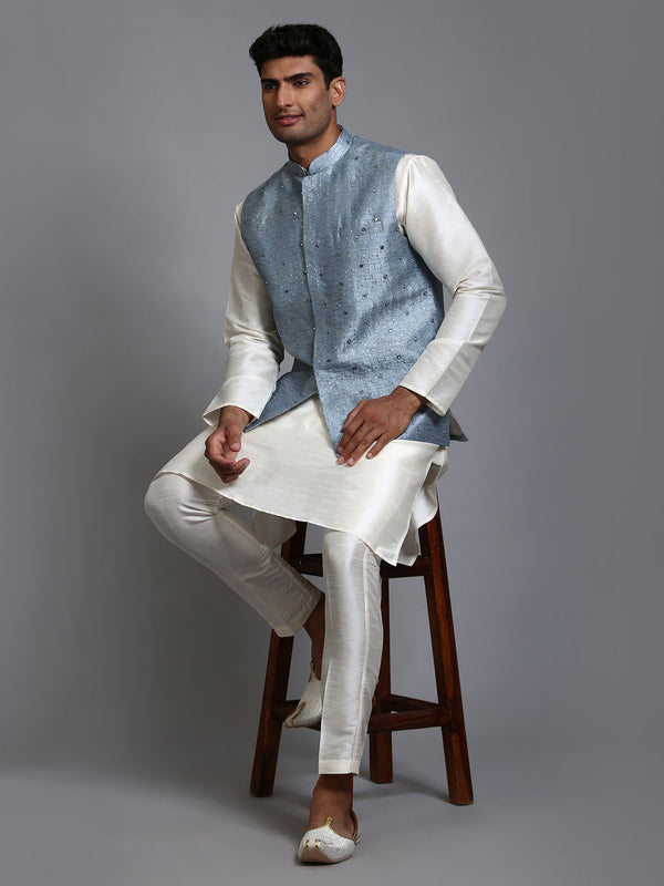 Jashvi Men's Grey Embellished Jacket with Cream Kurta Pant Set