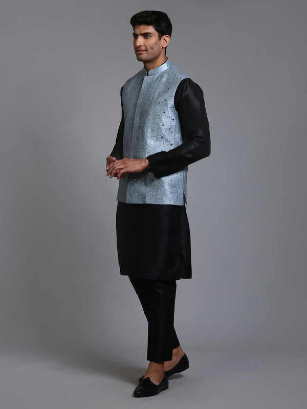 Jashvi Men's Grey Embellished Jacket with Black Kurta Pant Set