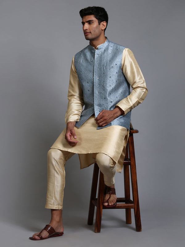 Jashvi Men's Grey Embellished Jacket with Gold Kurta Pant Set