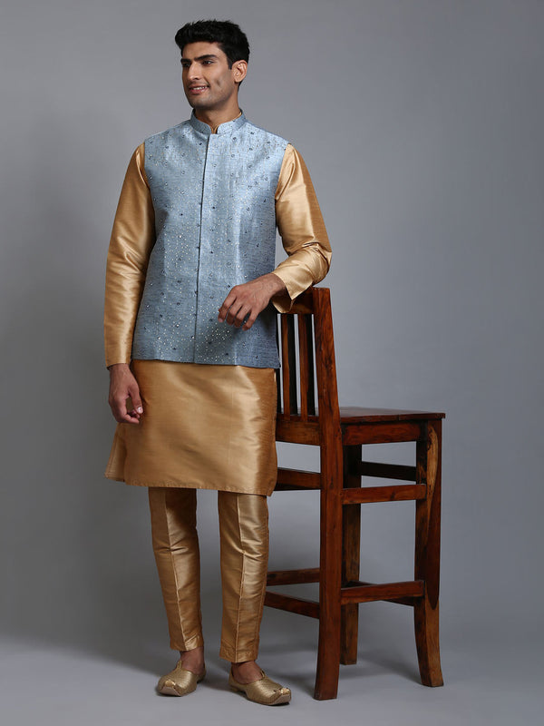 Jashvi Men's Grey Embellished Jacket with Rose Gold Kurta Pant Set