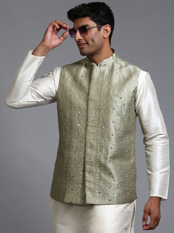 Jashvi Men's Mehndi Green Embellished Jacket