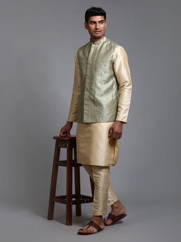 Jashvi Men's Mehndi Green Embellished Jacket with Gold Kurta Pant Set