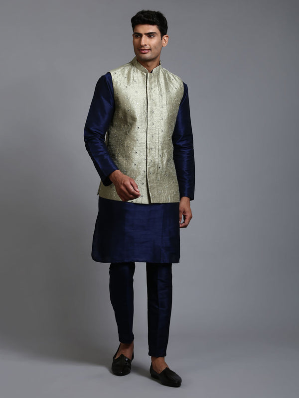 Jashvi Men's Mehndi Green Embellished Jacket with Navy Blue Kurta Pant Set