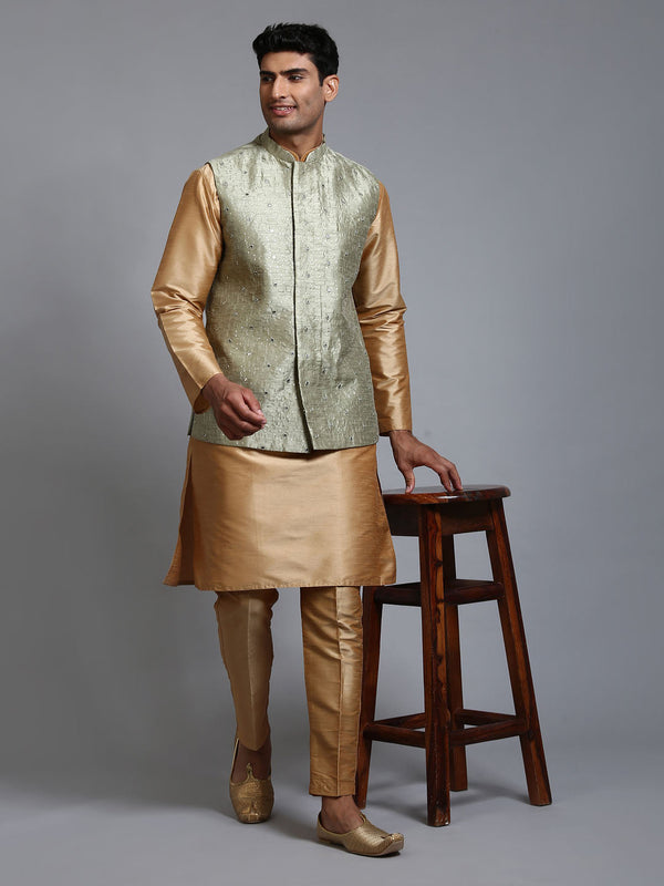 Jashvi Men's Mehndi Green Embellished Jacket with Rose Gold Kurta Pant Set