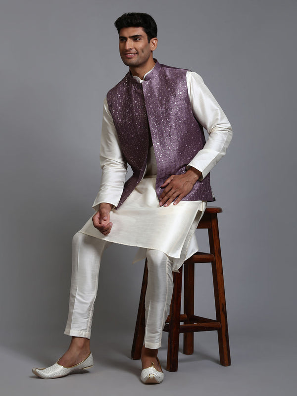 Jashvi Men's Purple Embellished Jacket with Cream Kurta Pant Set