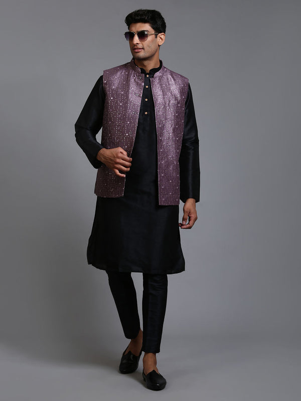 Jashvi Men's Purple Embellished Jacket with Black Kurta Pant Set