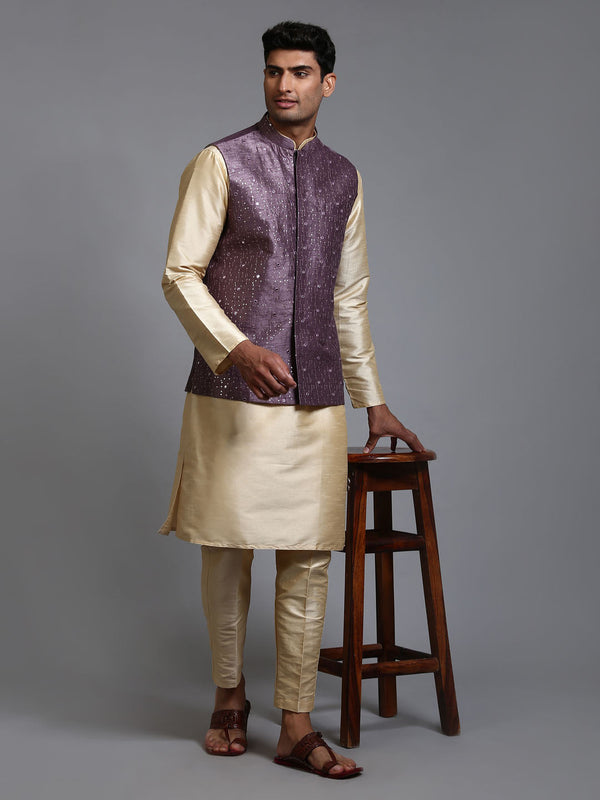 Jashvi Men's Purple Embellished Jacket with Gold Kurta Pant Set