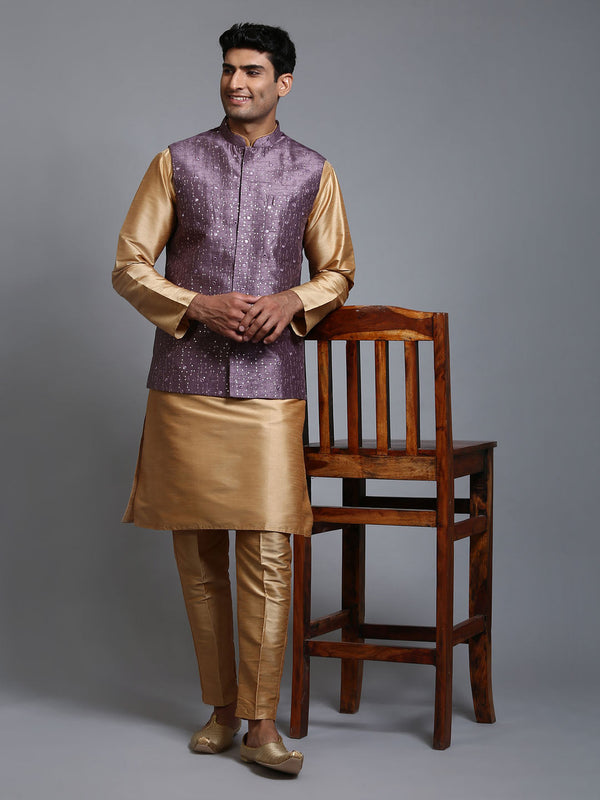 Jashvi Men's Purple Embellished Jacket with Rose Gold Kurta Pant Set