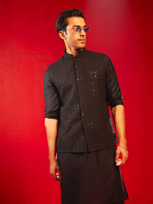 Jashvi Men's Black Schiflli Nehru Jacket