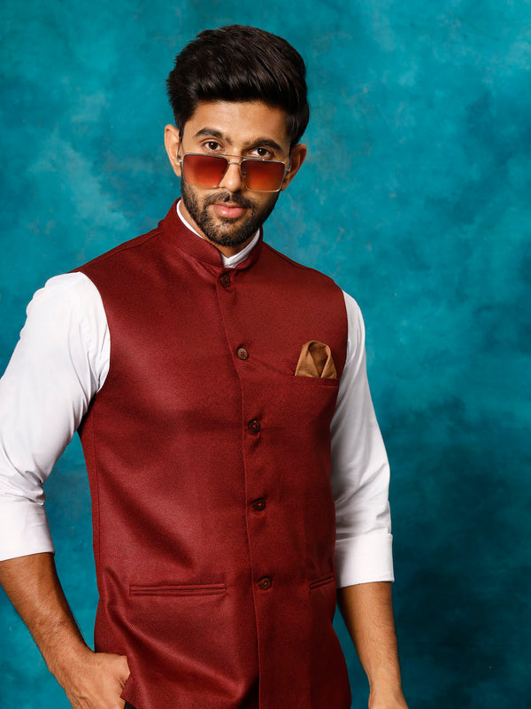 Jashvi Men's Maroon Woven Nehru Jacket