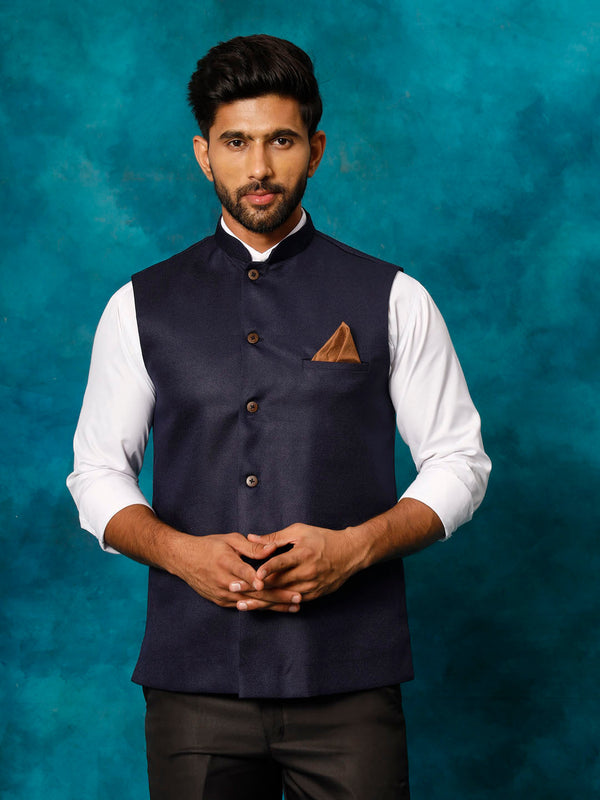 Jashvi Men's Navy Blue Woven Nehru Jacket